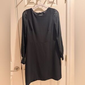 Ann Taylor Black Sheath Long Sleeve Dress with Sheer Black and Gold Sleeves.
